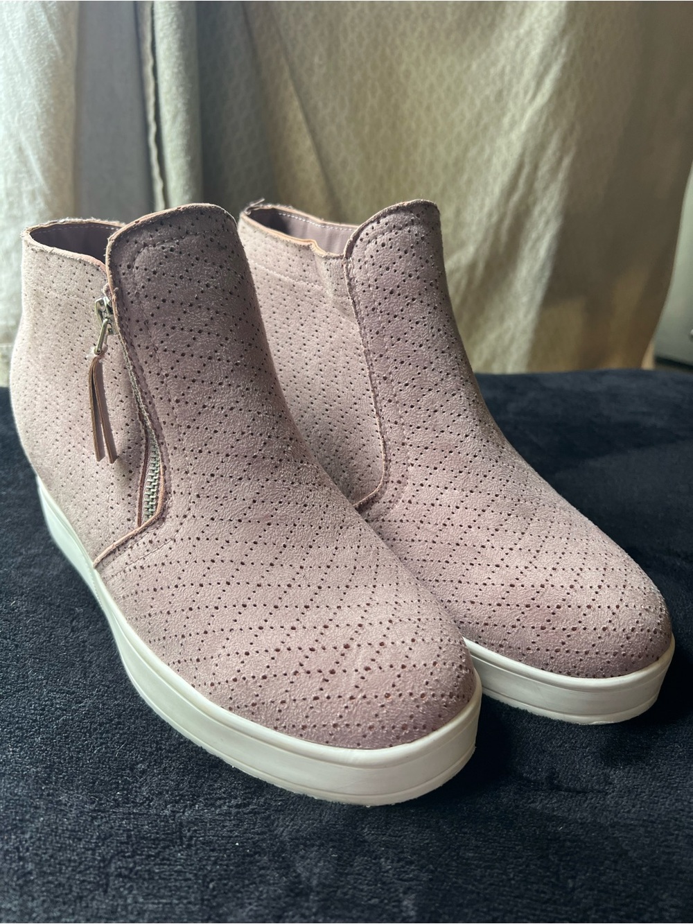 Light Pink Suede Wedge Ankle Booties with Side Zip